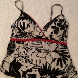 Caribbean Joe Black and White Floral Tankini Top with Red Accent